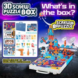Wembley 4 in 1 Toy Drill Screw Tool Set for Kids 3 4 5 6 7+ 3D Puzzle Box STEM Learning DIY Building Block Kit Creativity Educational Construction Promotes Motor Skills - Space Theme image 2