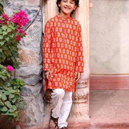 Pine Kids 100% Cotton Full Sleeves Kurta Pyjama With Floral Print - Rust-image-74