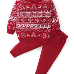 Babyhug Full Sleeves Christmas Theme Design Sweater Set - Red-image-78