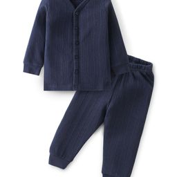 Babyhug Front Open Full Sleeves Solid Textured Thermal Vest & Pajama Set - Navy Blue-image-88
