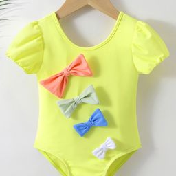 Babyhug Half Sleeves V Cut Swimsuit Bow Applique - Yellow-image-66