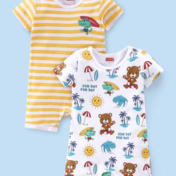 Babyhug 100% Cotton Interlock Knit Half Sleeves Romper Stripes & Beach Theme Pack Of 2 - Multicolor-image-67