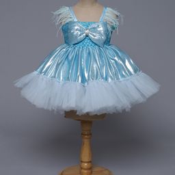 TINY MINY MEE Elastane Sleeveless Feather Detailed With Bow Embellished Fit & Flare Shimmered Dress - Blue-image-18