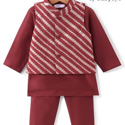 Babyoye Woven Full Sleeves Kurta Pajama Set with Jacket Glitter Detailing- Red-picture-49