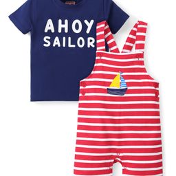 Babyhug Single Jersey Knit Striped Dungaree with Half Sleeves T-Shirt Boat & Text Print - Red & Blue-picture-8