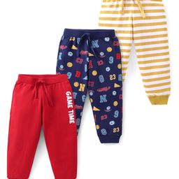 Babyhug Cotton Knit Full Length Striped Lounge Pants with Numeric & Text Print Pack of 3 - Multicolour-image-27
