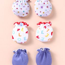 Ben Benny 100% Cotton Knit Mittens With Text & Stars Print Pack Of 3 - Purple White & Grey-23