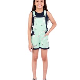 Kids Cave Sleeveless Floral Printed Dungaree With Solid Tee - Light Green-image-63