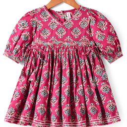 Babyhug Cotton Woven Three Fourth Puffed Sleeves Ethnic Dress with Floral Print & Lace Detailing - Dark Pink-image-40