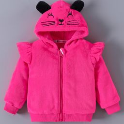 Kookie Kids Full  Sleeves Hooded Jacket with Cat Embroidery & Ears Applique - Dark Pink-image-27