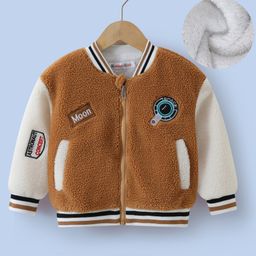 Kookie Kids Full Sleeves Fur Bomber Jacket with Text Patch & Pockets - Brown-image-77