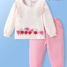 Babyoye Eco Conscious 100% Cotton Solid Dyed Full Sleeves Top & Legging Set with Floral Applique & Frill Detailing- White & Pink-image-127