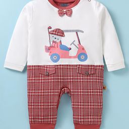 Mini Taurus Cotton Knit Full Sleeves Romper with Bow Applique & Vehicle Print - Dark Red-image-60