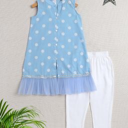 The Magic Wand Sleeveless Polka Dots Printed & Lace Embellished Kurta With Salwar Set - Blue-image-61