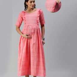 Swishchick Cotton Half Sleeves Frill Detailed Solid Maternity Dress With Concealed Zipper Nursing Access - Pink-image-30