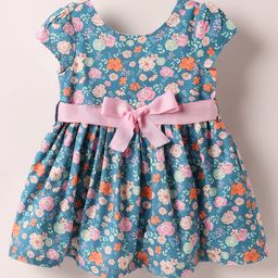 ToffyHouse Cotton Woven Cap Sleeves Frock With Floral Print & Belt - Teal Blue-image-98