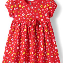 Babyhug Single Jersey Knit Half Sleeves Frock with Floral Print & With Bow Applique - Red-image-61