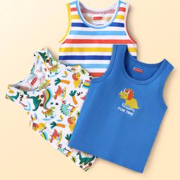 Babyhug 100% Cotton Single Jersey Knit Sleeveless Sando With Striped & Dino Print Pack Of 3 - Blue White & Yellow-picture-23