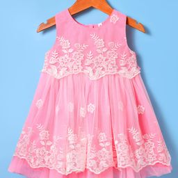 Babyhug Woven Sleeveless Mesh Party Dress with Floral Embroidery - Pink-image-54