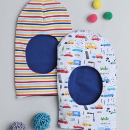 BUMZEE Interlock Knit Reversible Monkey Cap with Stripes & Vehicle Print Royal Blue & White Pack Of 2 - Diameter 23.5 cm-picture-2