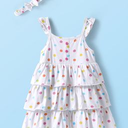 Babyhug Single Jersey Knit Sleeveless Layered Frock with Headband & Polka Dots Print - White-image-91