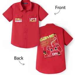 Pine Kids Cotton Woven Half SleevesShirt With Game On Print - Red-image-34