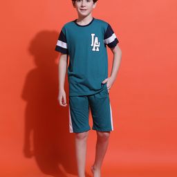 Lil Tomatoes Cotton Jersey Knit Half Sleeves La Text Printed Night Suit Set - Teal Blue-image-20