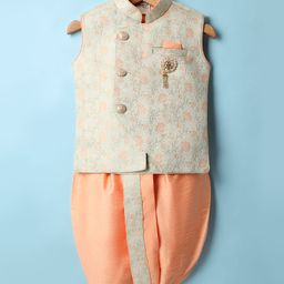 Dapper Dudes Sleeveless Floral Embroidered Coordinating Dhoti Kurta - Peach-image-60