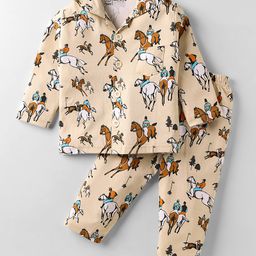 Little Darlings Interlock Knit Full Sleeves Co-Ord Night Suit With Horse Riding Print - Cream-image-43