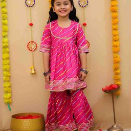Little Ginnie Cotton Woven Three Fourth Sleeves Leheriya Printed Gota Lace Embellished Coordinating Kurta & Sharara Set - Pink-image-76