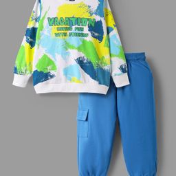 OLLINGTON ST. Cotton Knit Full Sleeves Printed Sweatshirt & Knit Joggers Set - White & Blue-image-98