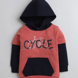 BUMZEE Looper Knit Full Doctor Sleeves Cycle Printed Hooded Sweatshirt With Kangaroo Pockets - Red & Navy Blue-image-86