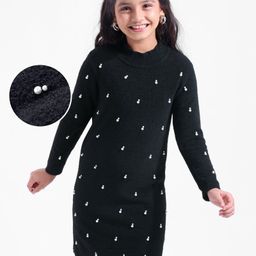 Hola Bonita Knit Full Sleeves Pearl Embellished Sweater Dress - Black-picture-3