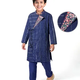EARTHY TOUCH Cotton Lurex Woven Full Sleeves Kurta Pyjama Set with Foil Print & Floral Embroidery - Navy Blue-picture-20