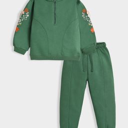 Mi Arcus Knit Full Sleeves Floral Embroidered Zipper Sweatshirt & Joggers Set - Green-picture-24