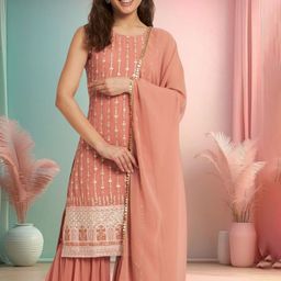 PARROT CREATION Women Embroidered Regular Sequinned Kurti with Sharara & With Dupatta-image-36