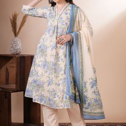 FASHOR Floral Printed V-Neck Thread Work Pure Cotton A-Line Kurta & Trousers With Dupatta-picture-10