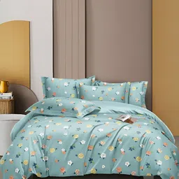 INDHOME LIFE Green & White Floral 210 TC Cotton Fitted Queen Bedsheet With 2 Pillow Covers-image-46