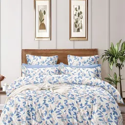 INDHOME LIFE Blue & White Floral 210 TC Cotton Fitted Queen Bedsheet With 2 Pillow Covers-image-73