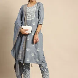 Anouk Blue & White Motifs Embroidered & Striped Straight Kurta Trousers Dupatta-picture-27