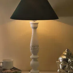 Homesake White Floral Carved Wood Table Lamp with Green Shade (Bulb Included) - Set of 1-26