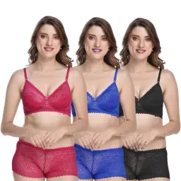 AROUSY Black & Blue Self Pattern Bra Panty Set - Pack Of 3-image-98