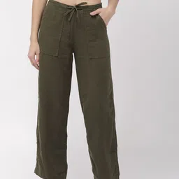 Go Colors Women Olive Green Solid Relaxed Fit Solid Parallel Trousers-image-16