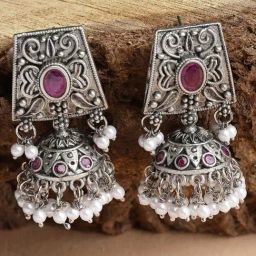 Karatcart Oxidised Silver Red Kundan Studded Jhumki Earrings for Women-image-51