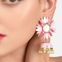 Zaveri Pearls Pink Lotus Meenakari Traditional Jhumki Earrings-ZPFK9983-39