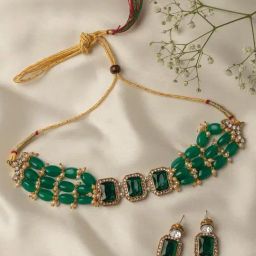 Zaveri Pearls Green Stones & Beads Multistrand Traditional Choker Necklace & Earring Set-ZPFK10111-3