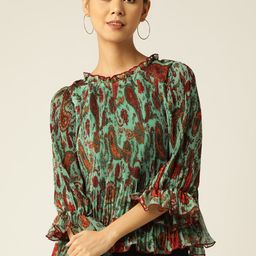 Antheaa Women Red & Orange Ethnic Motif Print Puff Sleeves with Ruffles Chiffon Top-image-15