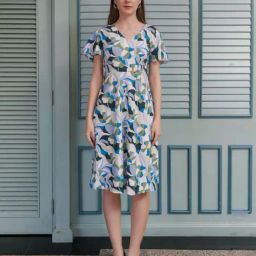 Zink London Off-White & Blue Printed A-Line Dress-image-62