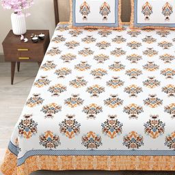 Myntra Elegant Homes Orange & Blue Floral 180 TC King Bedsheet with 2 Pillow Covers-picture-11