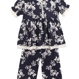 Cherry Crumble by Nitt Hyman Kids Navy Blue & White Floral Printed Ups-a-Daisy Sleepwear Nightsuit-image-91